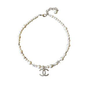 Chanel Crystal Strass CC Star Pearl Necklace Silver